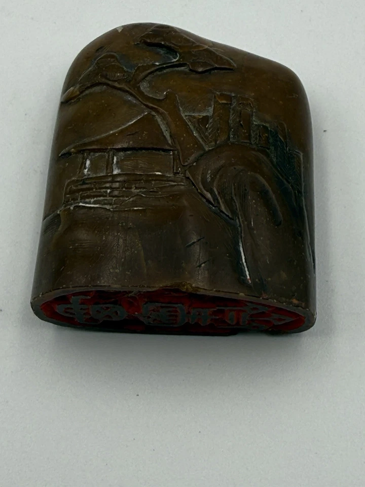 Selo de pedra-sabão chinês antigo – Paisagem esculpida à mão - Imagem 1 de 4