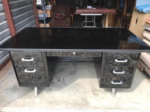 MCM Vintage Steel Tanker Desk Custom Painted High-Gloss Black Cover