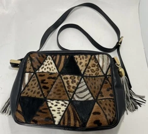 Vintage Carla Marchi Leather Shoulder Purse Patch Faux Fur Cheetah Square Design - Picture 1 of 7