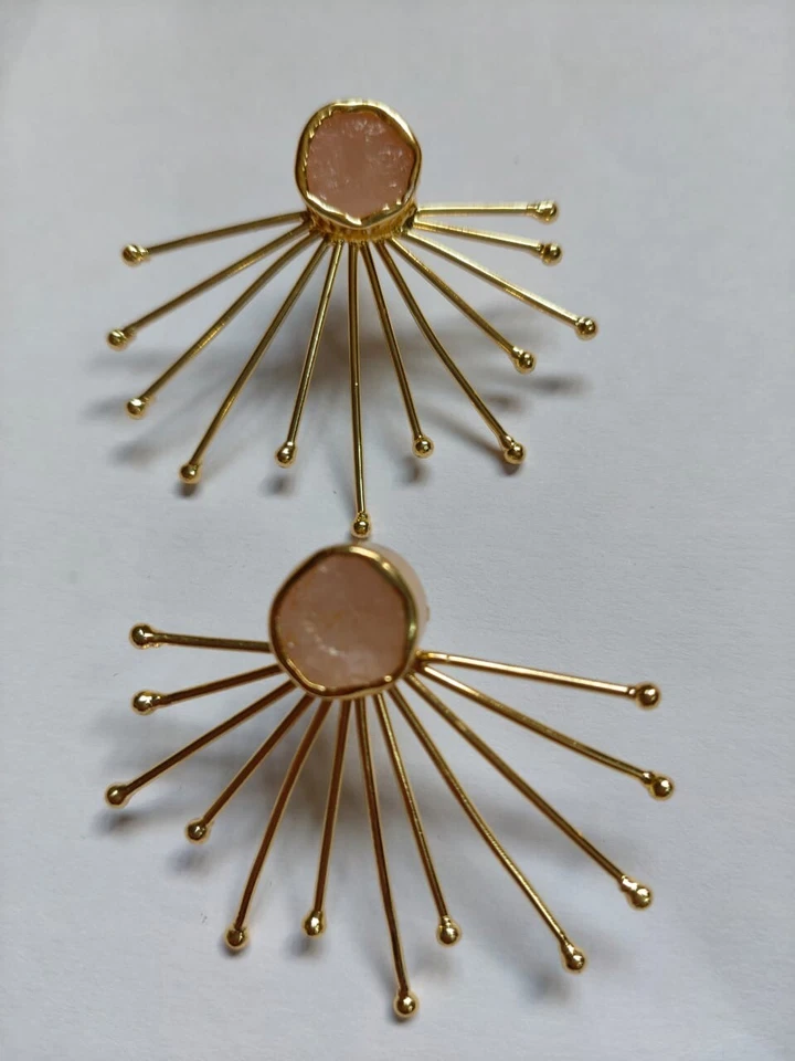 Pendientes de cuarzo rosa de 12 rayos con pasador de piedras preciosas crudas joyería de moda enchapado en oro encanto Foto 1 de 4