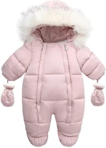 Baby Winter Snowsuit Toddler Snow Clothes Jumpsuit Hooded Pink Zip Faux Fur - Picture 1 of 6