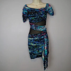 BCBG MaxAzria Runway Dutch Blue Print Jersey Mesh Cap Sleeve Bodycon Dress XS - Picture 1 of 16