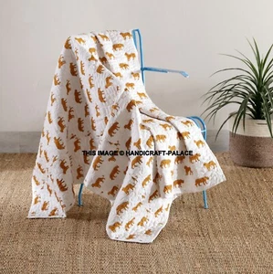 Leopard Kantha Quilt Throw Handmade Cotton Indian Bed Sofa Blanket Peach 70" - Picture 1 of 5
