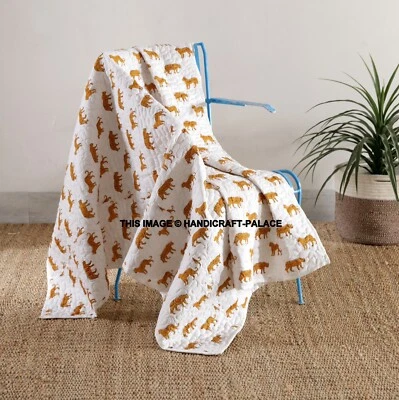 Leopard Kantha Quilt Throw Handmade Cotton Indian Bed Sofa Blanket Peach 70" - Image 1 of 4