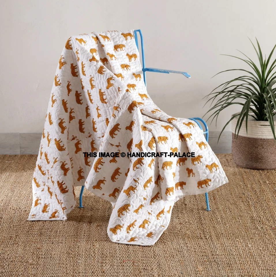 Leopard Kantha Quilt Throw Handmade Cotton Indian Bed Sofa Blanket Peach 70" - Image 1 of 4