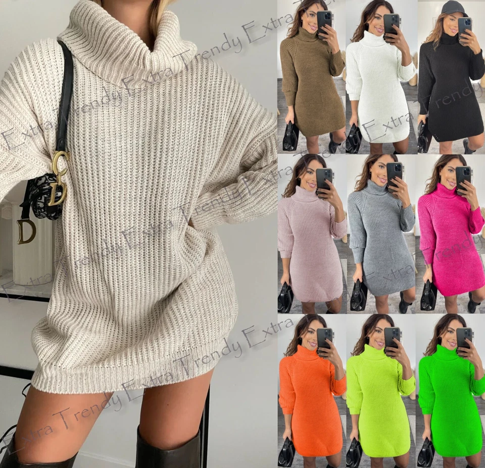 Women Chunky Knitted High Polo Roll Neck Baggy Oversized Winter Jumper Dress Top - Image 1 of 1