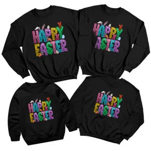 Family Glittery Happy Easter Sweatshirt Jumper Holiday Matching Outfit #ED - Picture 1 of 27