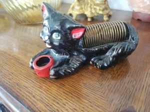 Seltene japanische antike schwarze Manekineko Katze Porzellan Figur Visitenkartenhalter - Bild 1 von 4