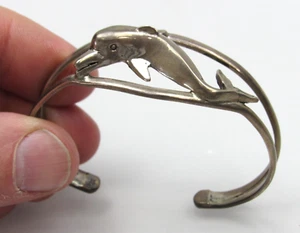 Brazalete Brazalete Vintage Taxco México DOLPHIN 3D Plata de Ley 925 Grueso - Imagen 1 de 9
