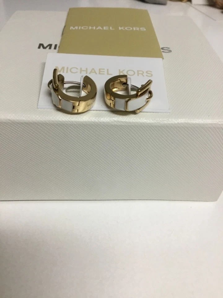 NWT Authentic Michael Kors  buckle Earrings White+ Gold Huggie Style Free Ship - Image 1 of 1