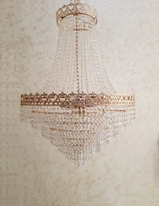 LAMPADARIO SOSPENSIONE STILE IMPERO STRUTTURA IN ORO 24K E CRISTALLI 8 LUCI - Imagen 1 de 8