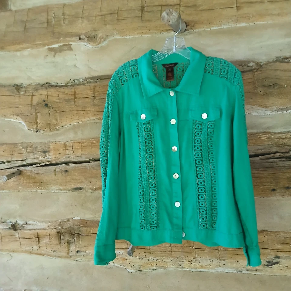 Multiples Women's Jacket Lightweight Eyelet Panels Linen Blend Green Size XL Foto 1 de 4