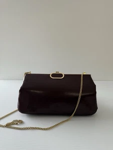 FAIGEN Burgundy Australian Leather Bag Clutch Gold Chain 80s 70s Cocktail Brown - Picture 1 of 9