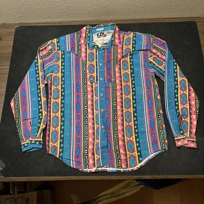 Vintage Wah Shirt Mens Large Cowboy Rodeo Western Aztec Stripe Brushpopper 90s - Image 1 of 4