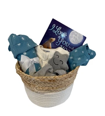 Unisex Baby Shower Gift, I Love You To The Moon And Back Book & Baby Essentials - Image 1 of 4