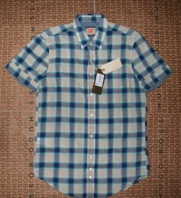 New Hugo BOSS men blue linen regular fit short sleeve casual jeans t shirt SMALL - Image 1 of 4