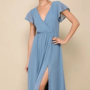 New LULUS Lost in the Moment Slate Blue Maxi Dress Women Size XS Slit Hem Lined - Picture 1 of 11