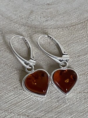 Heart Amber Drop Earrings Sterling Silver 925 Cognac Gemstone — 第 1/4 张图片