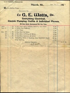 PIKESVILLE MD ~ G. E. Watts, Everything Electrical, Phones ~ Billhead 1906 - Picture 1 of 1