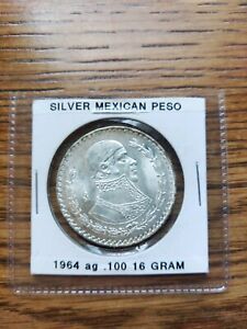 silver mexican peso 1964 blast white some toning on rim 16 grams  nice
