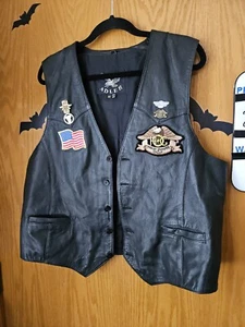 ADLER Men's Leather Motorcycle Vest with Harley Davidson Patches & Pins SZ XL - Picture 1 of 16