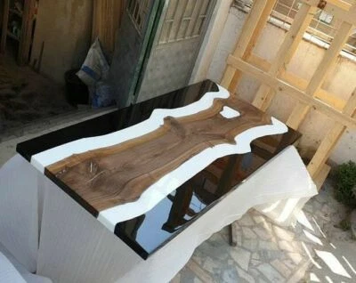Black Epoxy Table Top Resin Wood Walnut Table Custom Order For Dinning Room - Image 1 of 2