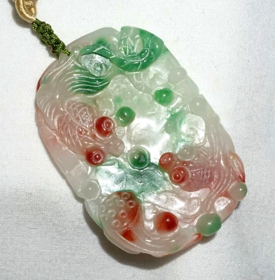 Vintage Chinese Semi Translucent Jadeite Jade Pendant w. Goldfish Motifs (---) - Image 1 of 4