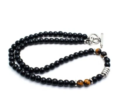 Collar de acero inoxidable con cuentas energéticas piedra ágata ojo de tigre 18" para hombre/mujer Foto 1 de 3