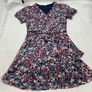 Tahari ASL Women's 14 Blue Pink Floral Belted Lined Tiered Faux Wrap Dress - Picture 1 of 15