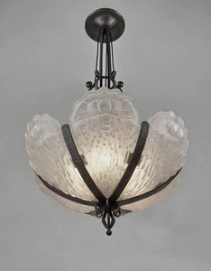 B.MORIN & VAL  St. LAMBERT : LARGE 1930 FRENCH ART DECO CHANDELIER  . muller era - Picture 1 of 11