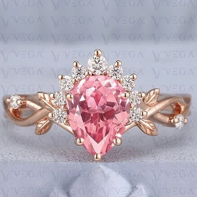 Anillo de diamantes y piedras preciosas de zafiro natural talla pera de 5,60 quilates enchapado en oro rosa de 14 quilates Foto 1 de 4