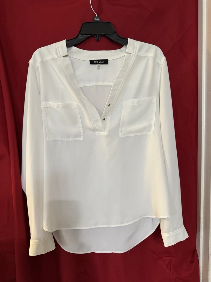 Nine West Classic WHITE Blouse Size L Long Sleeve Button Front - Image 1 of 4