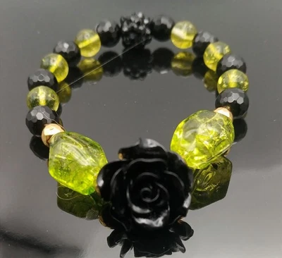 Black Rose Focal Black Onyx Peridot Nuggets & Beads Beaded Bracelet - Image 1 of 4