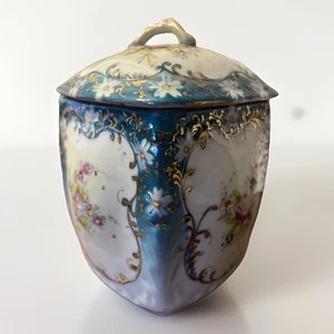 Vintage Porcelain Biscuit Jar Square 7 inch Teal 1910 Floral with Gold Leaf - Picture 1 of 7