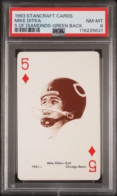 MIKE DITKA 1963 STANCRAFT PLAYING CARDS GREEN BACK 5 DIAMONDS PSA 8 RARE HOF - Image 1 of 4