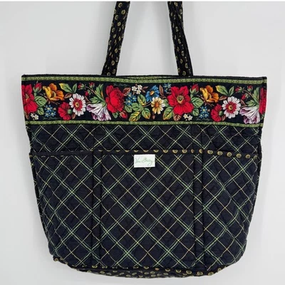 Vera Bradley Quilted Floral Tote Bag Black Green Plaid Cotton Large Classic Core - Image 1 of 4