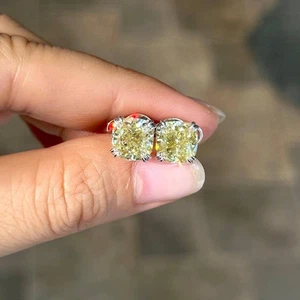 2Ct Cushion Canary Yellow Lab Grown Diamond Stud Push Earring 14K White Gold - Picture 1 of 4