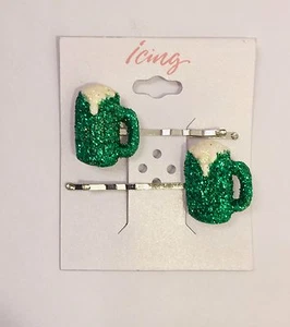Mug of Green Beer Bobby Pins St Patricks Day Glitter Hair Accessory Set of 2 NIP - Picture 1 of 2