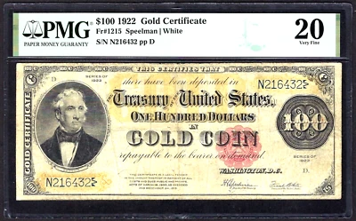 🇺🇸 1922 $100 FR-1215 ♚♚CERTIFICADO ORO♚♚ PMG MUY FINO 20 Foto 1 de 2
