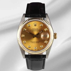 Rolex Datejust 36mm Yellow Gold Fluted Gold Diamond Dial Leather Band Watch - Picture 1 of 12