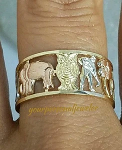 Solid 14k Yellow white rose Gold 7 horseshoe elephant clover 7 good luck ring 89 - Picture 1 of 7
