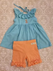 Kellys Kids Merce & Me 5-6 Monogram "S" Ruffle Shorts Shorties Blue Peach Outfit - Picture 1 of 6