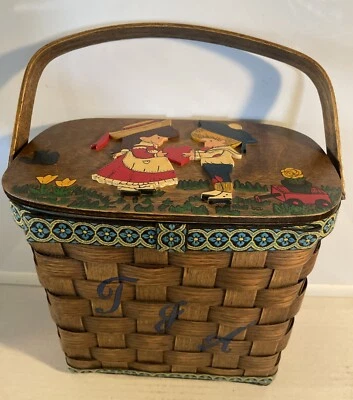 Vintage Whimsical Boy And Girl Colorful Wooden Box Woven Basket Purse - Image 1 of 4