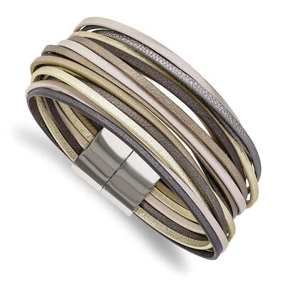 Lex & Lu Stainless Steel Pol. Multi Strand Metallic Faux Leather 7.25" Bracelet - Image 1 of 2