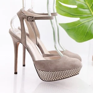 Jean-Michel Cazabat Womens Lex Pump Size 38.5 8.5 Platfrom Heel Taupe Gray Suede - Picture 1 of 14