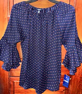 Chaps Blouse Shirt Top LARGE NWT Navy Blue Flutter Sleeves Polka Dots F41 - Picture 1 of 2