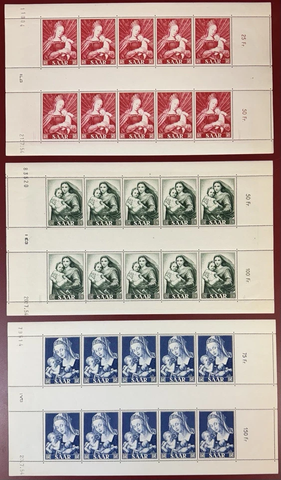 Saar, 1954, Scott #250-252  Sheets of 10, Complete Set, Mint, Never Hinged - Image 1 of 2