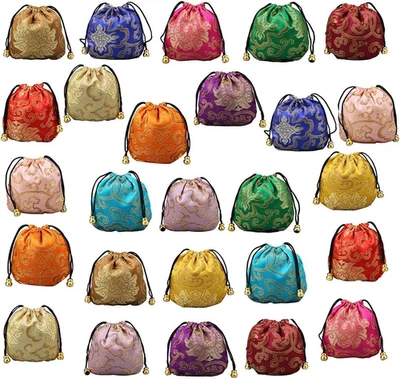 Chinese Silk Brocade Embroidered Drawstring Jewelry Pouch Bag Colors Value Set 3 - Image 1 of 4