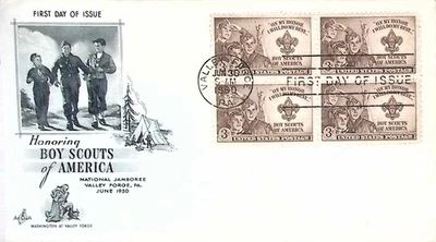 Vintage 1950 Boy Scouts Valley Forge FDC ArtCraft Cachet Block Of 4 Scott 995 - Image 1 of 3