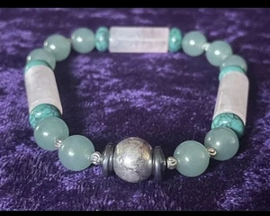 925 Silver, Rose Quartz, Jade/Nephrite, Turquoise, Hematite, CZ Bracelet. 7” 25g - Picture 1 of 6
